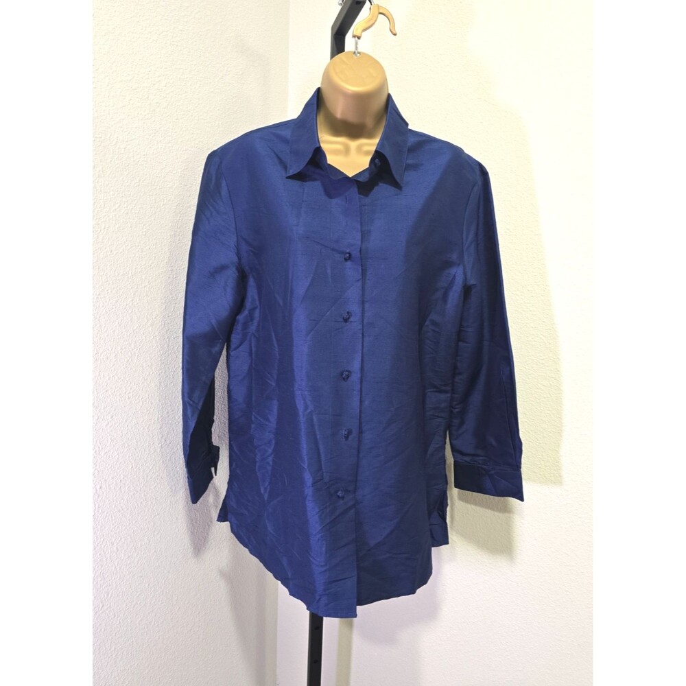 Vintage Talbots Navy Blue 100% Pure Raw Silk Knot Button Blouse 14 Office Career